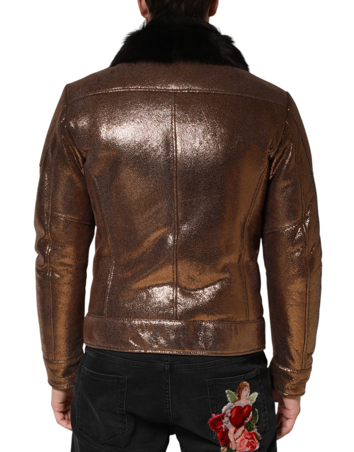 Veste de motard homme Dolce &amp; Gabbana en cuir bronze et fourrure, fermeture éclair intégrale