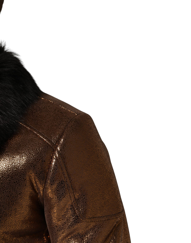 Veste de motard homme Dolce &amp; Gabbana en cuir bronze et fourrure, fermeture éclair intégrale