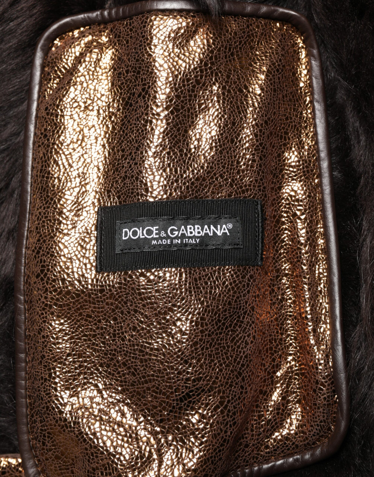 Veste de motard homme Dolce &amp; Gabbana en cuir bronze et fourrure, fermeture éclair intégrale