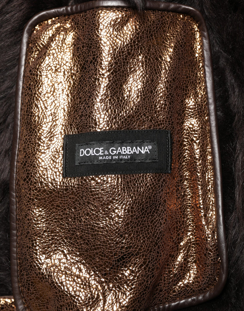 Veste de motard homme Dolce &amp; Gabbana en cuir bronze et fourrure, fermeture éclair intégrale