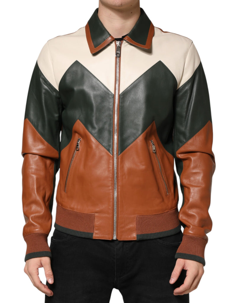 Veste de motard homme Dolce &amp; Gabbana en cuir multicolore à fermeture éclair intégrale