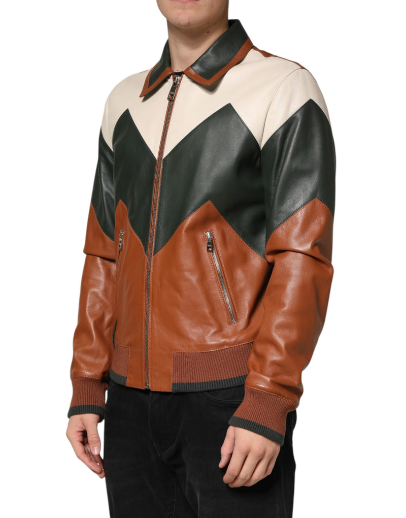 Veste de motard homme Dolce &amp; Gabbana en cuir multicolore à fermeture éclair intégrale