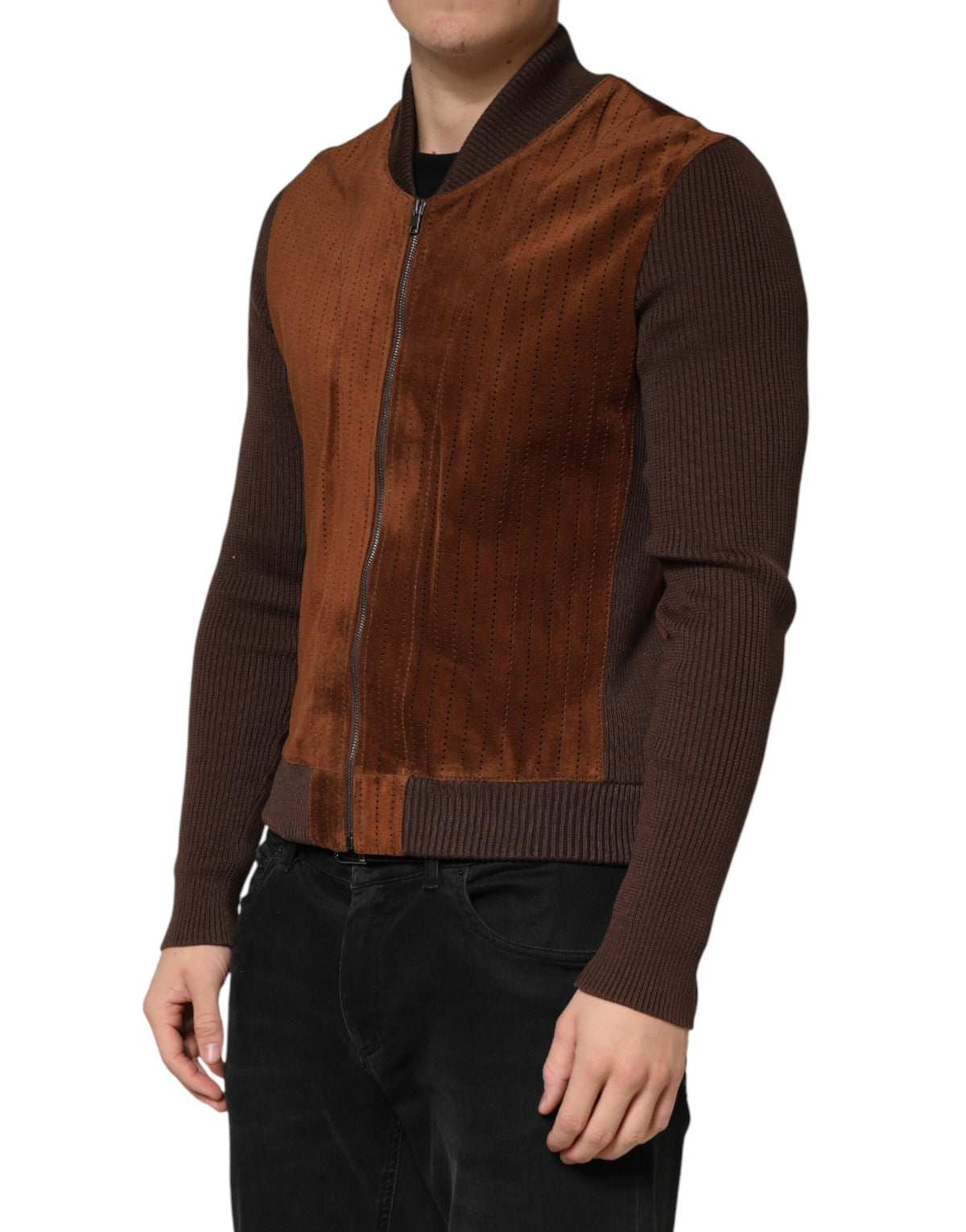 Veste de motard Dolce &amp; Gabbana en velours marron et cuir de veau, fermeture éclair intégrale