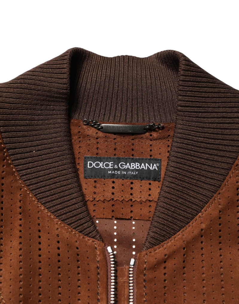 Veste de motard Dolce &amp; Gabbana en velours marron et cuir de veau, fermeture éclair intégrale