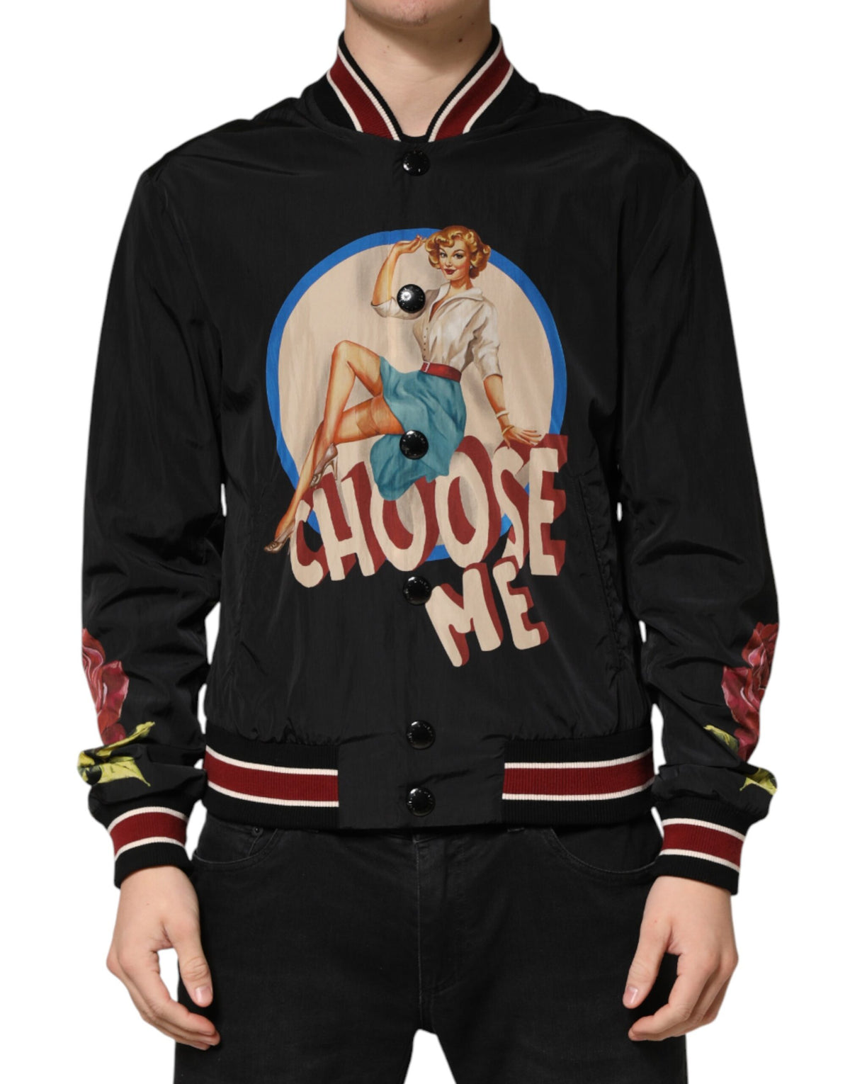 Dolce &amp; Gabbana Veste bomber noire à boutons pin-up pour homme