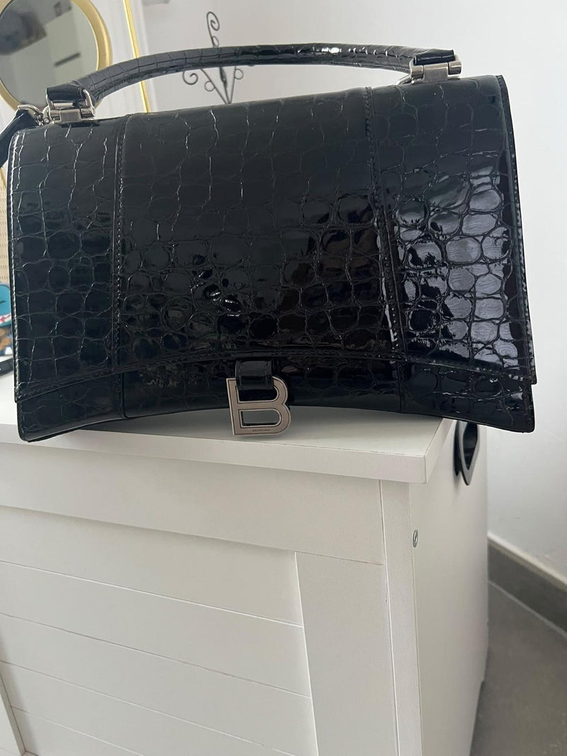 Sac noir Balenciaga - Ligne de sablier - Cuir gaufré Crocodile - Charnière